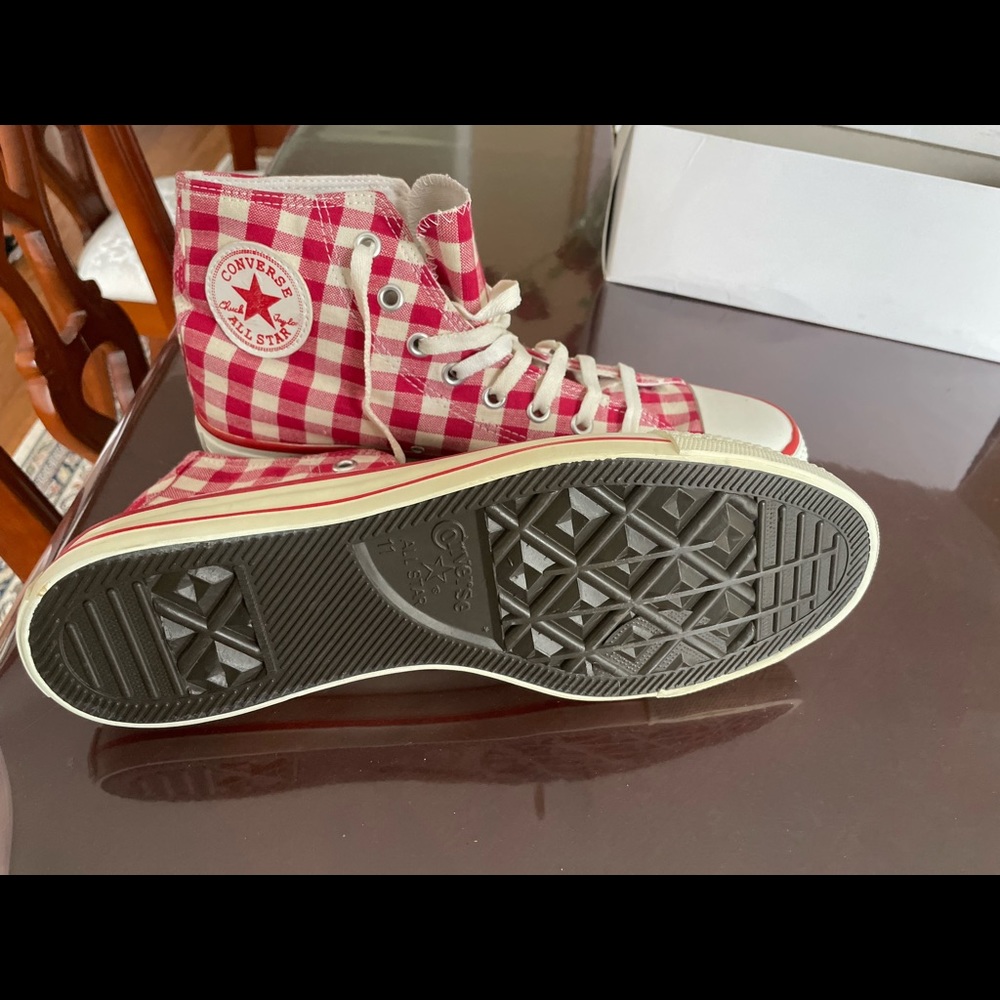 Converse Red and White Checkered/Plaid High Top Shoes